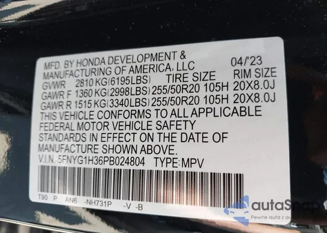 2023 Honda Pilot Awd Sport from USA, damaged, VIN 5FNYG1H36PB024804